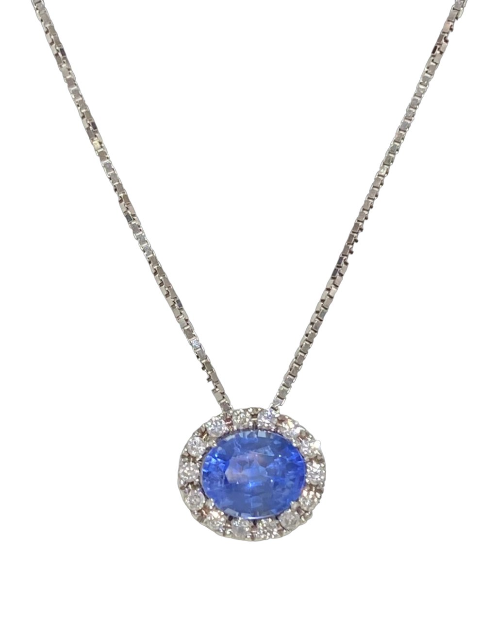 Cadena con Zafiro Redondo y Chispas de Diamantes en Oro Blanco 18k - LQ Jewelry Design